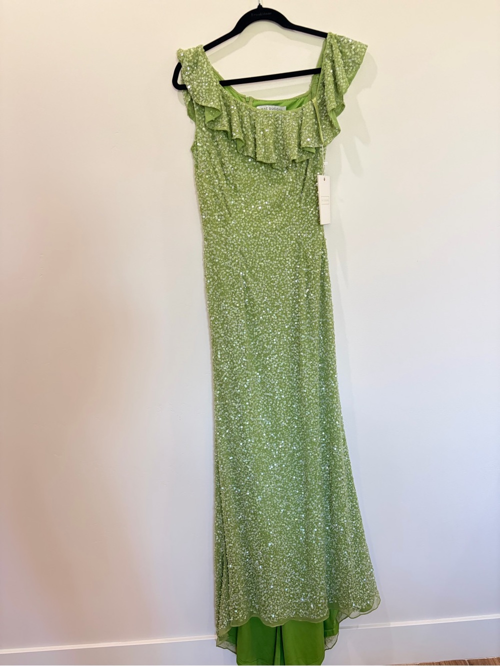 Mac Duggal 5611 Ruffled Asymmetrical Neck Sequin Prom Gown Key Lime With Detail - Picture 5 of 16